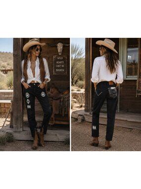United Rivers Muddy Creek Black Western Embroidered Skinny Jeans Cowhide Size 32